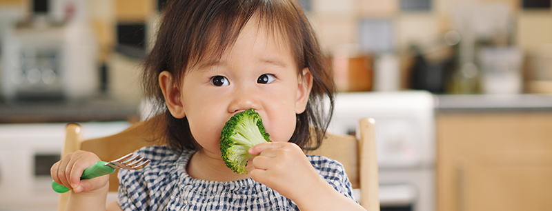 baby girl eating vegetable at home