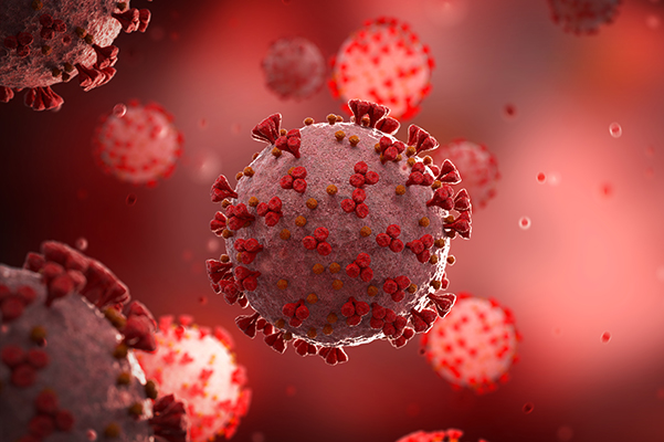 Microscopic close-up of the covid-19 disease. Red Coronavirus illness spreading in body cell. 2019-nCoV analysis on microscope level 3D rendering
