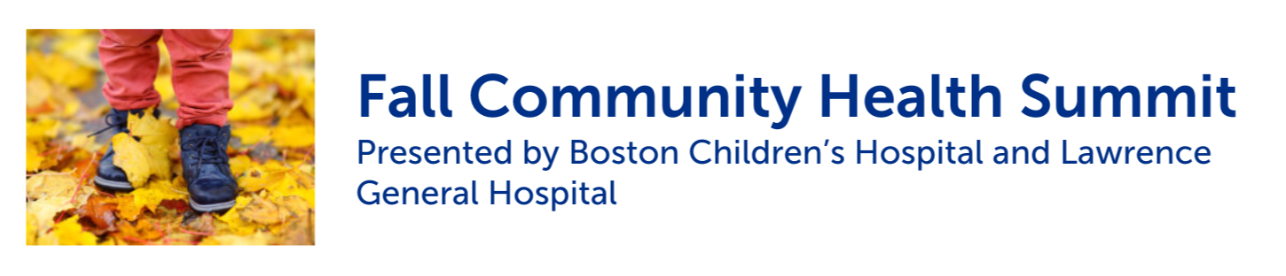 Child standing on orange leaves with Fall Community Health Summit logo