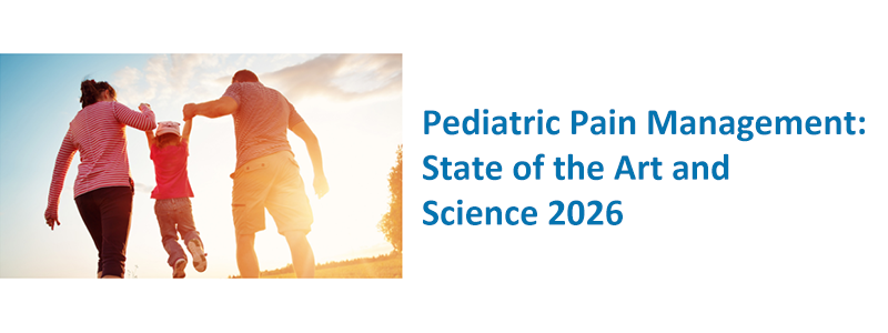 Mother and Father walking with child during the sunset with the text: Pediatric Pain Management: State of the Art and Science